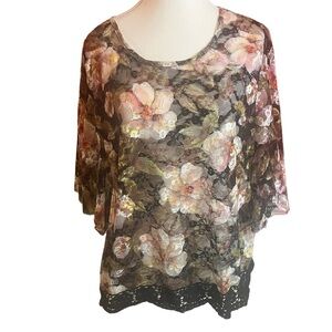 RAIN burn out sheer floral with crochet hem and batwing sleeve boho fairy M